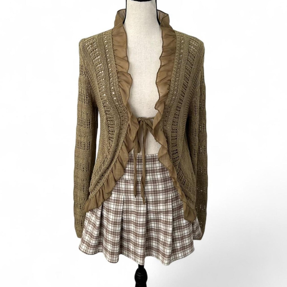 Angel Apparel Tan Crotchet Knit Cardigan with Ruffle Detail - S